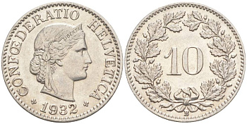 Швейцария 10 раппенов 1932 B KM 27b никель     3309-813