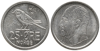 Норвегия 25 эре 1962 Улаф V (1958-1991), синица KM 407 медно-никель 66-153