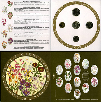 Турция официальный набор из 4 монет + жетон 2002 25000, 50000, 100000 и 250000 лир, буклет  медно-никель  UNC  1-4-1-16