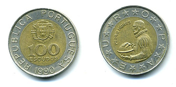 Португалия 100 эскудо 1990 Педру Нуниш (1502-1578), математик KM 645.1 биметалл 25-335