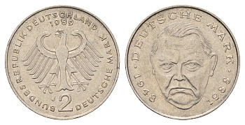 ФРГ 2 марки 1989 J, Людвиг Эрхард, 40 лет Федеративной Республике (1948-1988) KM 170, J. 445 медно-никель 3459-1016