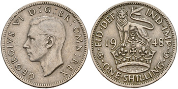 Великобритания 1 шиллинг 1948 Георг VI (1936-1952), Английский шиллинг KM 863, Spink 4103 медно-никель 4187-1052