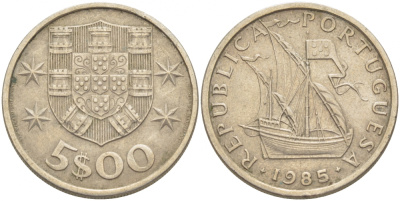 Португалия 5 эскудо 1985 парусник KM 591 медно-никель 86-612