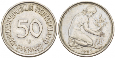 ФРГ 50 ПФЕННИГОВ 1981 J KM 109.2 медно-никель 4392-927