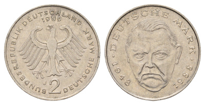 ФРГ 2 марки 1989 J, Людвиг Эрхард, 40 лет Федеративной Республике (1948-1988) KM 170, J. 445 медно-никель 3459-1016