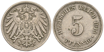 Германия 5 пфеннигов 1913 A, KM 11, J. 12 медно-никель 220-657
