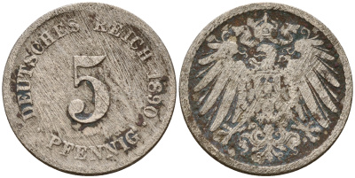 Германия 5 пфеннигов 1890 J J.12  KM 11 медно-никель    4598-1067