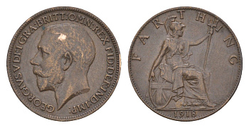 Великобритания 1 фартинг 1918 Георг V (1910-1936) KM 808.1, Spink 4059 бронза 4658-944