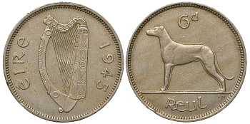 ИРЛАНДИЯ 6 ПЕНСОВ 1945 ИРЛАНДСКИЙ ВОЛКОДАВ KM 13a медно-никель 41-1016