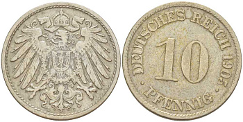 Германия 10 пфеннигов 1905 D KM 12, J. 13, Weege 8 медно-никель 259-853