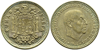 Испания 1 песета 1966 (74) Франсиско Франко (1939-1975) KM 796 алюминиевая бронза 4393-226