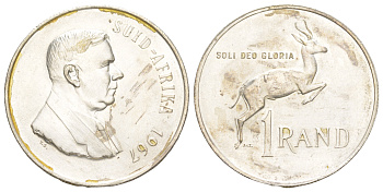 ЮАР 1 ранд 1967 Первая годовщина смерти Хендрика Фервурда, надпись на африкаанс - "SUID-AFRIKA" KM 72.2 серебро UNC 4178-1015