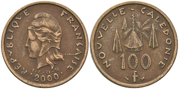 Французская Новая Каледония 100 франков 2000 хижина среди сосен и пальм, (IEOM) KM 15, Schoen 16, Lec 139d никель латунь 4144-711