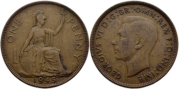 Великобритания 1 пенни 1945 Георг VI (1936-1952) KM 845, Spink 4114 бронза 36-141