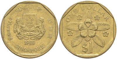 Сингапур 1 доллар 1988 барвинок KM 54b алюминиевая бронза 219-1022