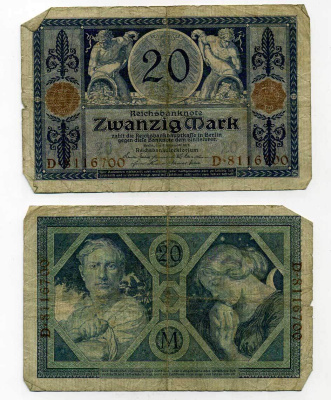 ГЕРМАНИЯ 20 МАРОК 1915 4 НОЯБРЯ 1915 Pick 63 бумага 6283-50-1