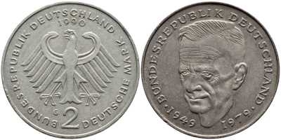 ФРГ 2 МАРКИ 1990 G, КУРТ ШУМАХЕР KM 149, J. 424 медно-никель плакированный никелем 79-1214