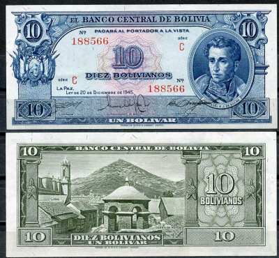 Боливия 10 боливиано 1945 Антонио Хосе Сукре, Потоси, без надпечатки, серия C Pick 139 c  бумага  UNC (пресс) 447-109-2