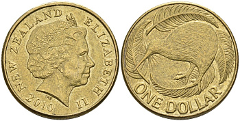 Новая Зеландия 1 доллар 2010 Елизавета II (1952-2022), птица киви  KM 120 алюминиевая бронза 60-735