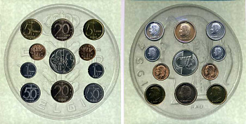 Бельгия набор из 10 монет + жетон монетного двора 2001 Belgie-Belgique, прощай бельгийский франк, переход на евро с 1 января 2002 года,  в оригинальном картонном буклете KM MS 14   BUNC  6-5-3-19