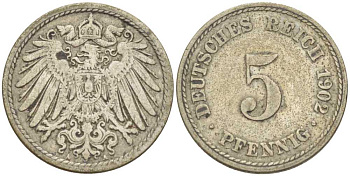 ГЕРМАНИЯ 5 ПФЕННИГОВ 1902 A KM 11, J. 12, Weege 6 медно-никель 206-932