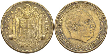 Испания 2,5 песеты 1953 (56) Франциско Франко (1939-1975) KM 785 алюминиевая бронза 4523-453