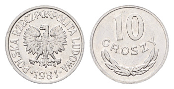 Польша 10 грошей 1981 Y AA47 алюминий UNC 4615-548