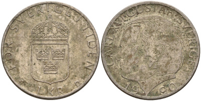 Швеция 1 крона 1990 D, Карл XVI Густав (1973- ) KM 852a медно-никель 4150-412