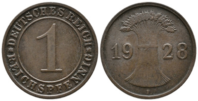 ГЕРМАНИЯ 1 РЕЙХСПФЕННИГ 1928 F KM 37, J. 313 бронза 39-964