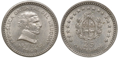 Уругвай 25 сентесимо 1960 KM 40 медно-никель 4169-826