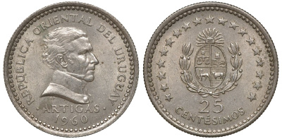 Уругвай 25 сентесимо 1960 KM 40 медно-никель 4169-946