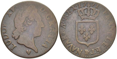 ФРАНЦИЯ 1/2 СУ 1771 &, ЛЮДОВИК XV (1715-1774) KM 541.6 (С6) медь 4393-1123