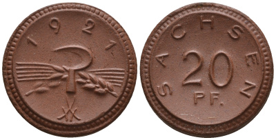 Саксония 20 пфеннигов 1921 колосья и серп J. N 53 фарфор UNC 1094-8-74