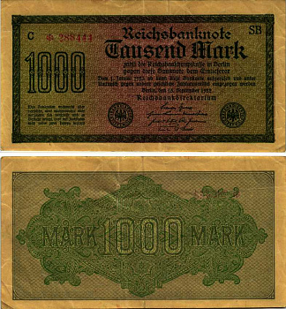 ГЕРМАНИЯ 1000 МАРОК 1922 15 СЕНТЯБРЯ 1922, ВОДЯНОЙ ЗНАК I, ЖЕЛТАЯ БУМАГА, СЕРИЯ SВ Pick 76b, Rosenberg 75d бумага 7547-28-1