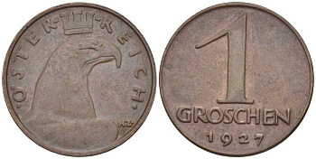 АВСТРИЯ 1 ГРОШ 1927 ДОВОЕННАЯ ДЕСЯТИЧНАЯ ЧЕКАНКА KM 2836 бронза 201-155