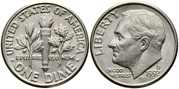 США 10 ЦЕНТОВ = 1 ДАЙМ 1992 D, РУЗВЕЛЬТ KM 195а медь плакированная медно-никелем 46-2053