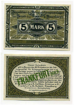 Германия 5 марок 1917 инспекция лагерей военнопленных в Франкфурте на Одере, III-ий Армейский корпус C-2962 бумага UNC (пресс) 504-91-3-2