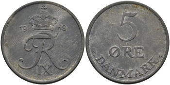 Дания 5 эре 1958 Фредерик IX (1947-1972) KM 843 цинк 88-1244