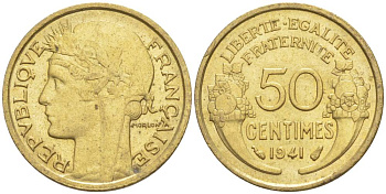ФРАНЦИЯ 50 САНТИМОВ 1941 ТИП MORLON KM 894.1, LE FRANC 192.18 алюминиевая бронза 44-554