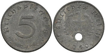 Германия 5 рейхспфеннигов 1940 J, монетный двор Гамбург  KM 100, J. 370 цинк 186-721