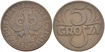 ПОЛЬША 5 ГРОШЕЙ 1937 w KM 10a бронза 4549-237