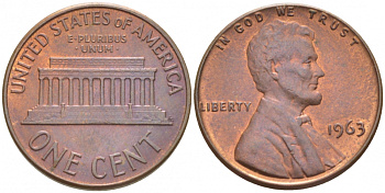 США 1 ЦЕНТ 1963 ЛИНКОЛЬН KM 201 медь цинк UNC 3309-218