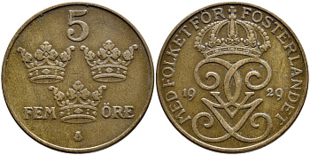 Швеция 5 эре 1929 Густав V (1907-1950) KM 779.2 бронза 4394-921
