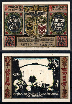 Фюрстенвальде (Пруссия, Бранденбург) 20 пфеннигов 1921 Mehl Grabowski 403.1a-1/15 бумага UNC (пресс) 7555-20-3-1