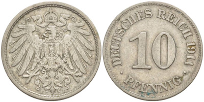 Германия 10 пфеннигов 1911 E KM 12, Jager 13, Weege 8 медно-никель 219-215