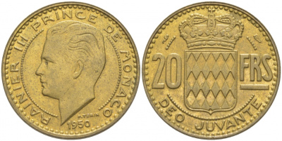Монако 20 франков 1950 Ренье III (1949-2005) KM 131 алюминиевая бронза 4402-644