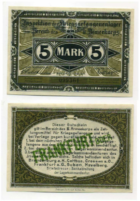 Германия 5 марок 1917 инспекция лагерей военнопленных в Франкфурте на Одере, III-ий Армейский корпус C-2962 бумага UNC (пресс) 504-91-3-2