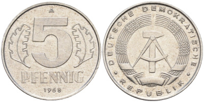 ГДР 5 пфеннигов 1968 A KM 9.1 алюминий 4174-942