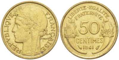 ФРАНЦИЯ 50 САНТИМОВ 1941 ТИП MORLON KM 894.1, LE FRANC 192.18 алюминиевая бронза 44-554