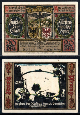 Фюрстенвальде (Пруссия, Бранденбург) 20 пфеннигов 1921 Mehl Grabowski 403.1a-1/15 бумага UNC (пресс) 7555-20-3-1